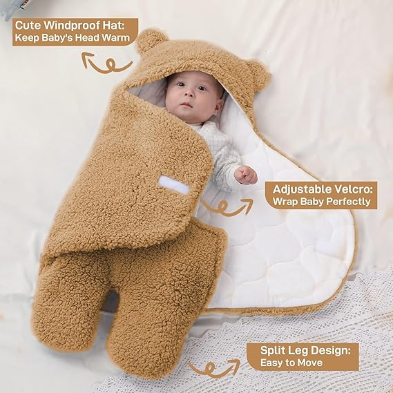 Newborn Baby Blanket Swaddle Wrap Winter Cotton Plush Hooded Sleeping Bag